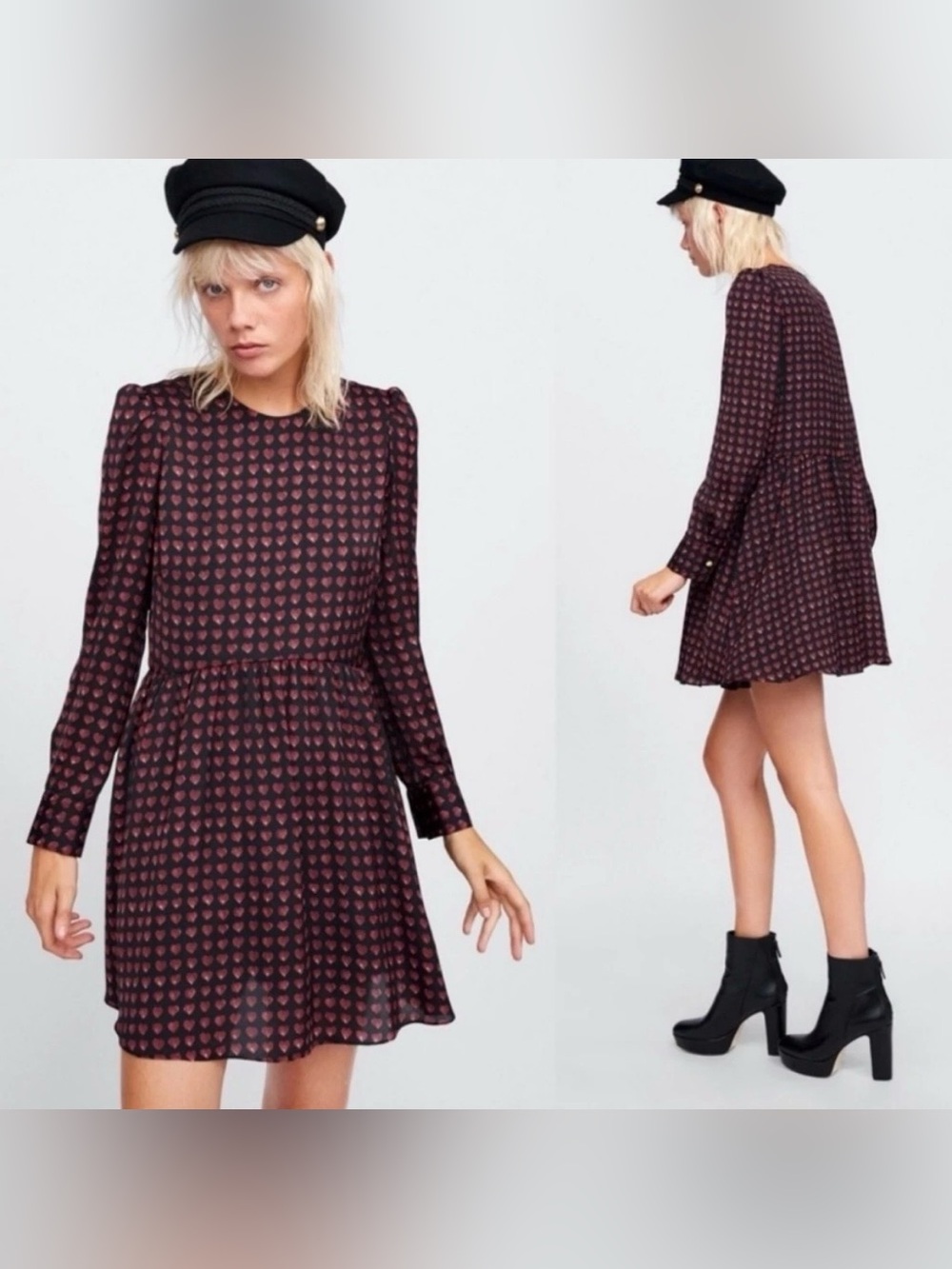 [NWOT] Zara Heart Print Black Red Long Sleeve Dress Romper - Sz S